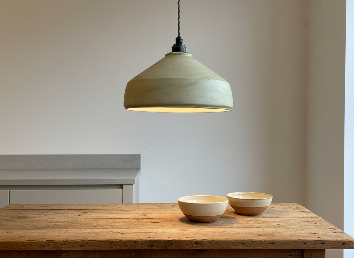 Pendant light hanging above two ceramic bowls on a wooden table with a neutral background