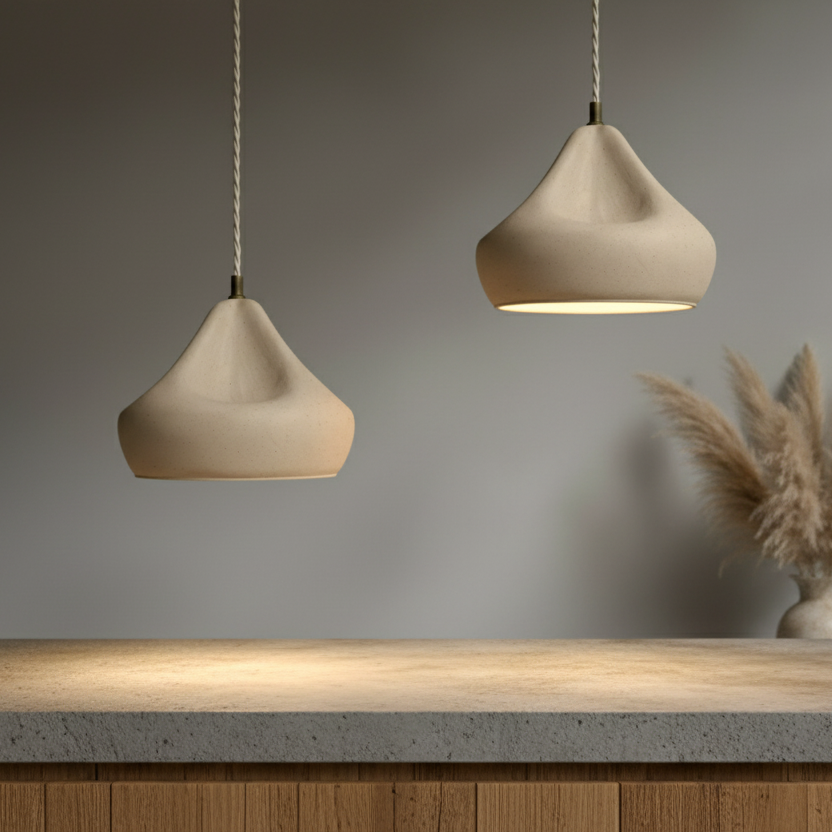 Two beige pendant lights hanging above a wooden surface with a neutral background