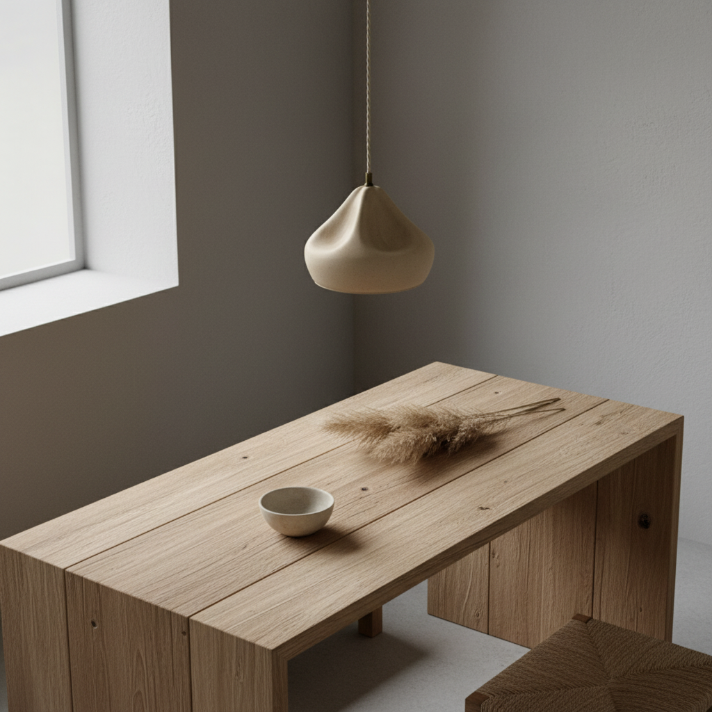 Wooden table with a bowl and dried plants in a minimalistic room with a pendant light.