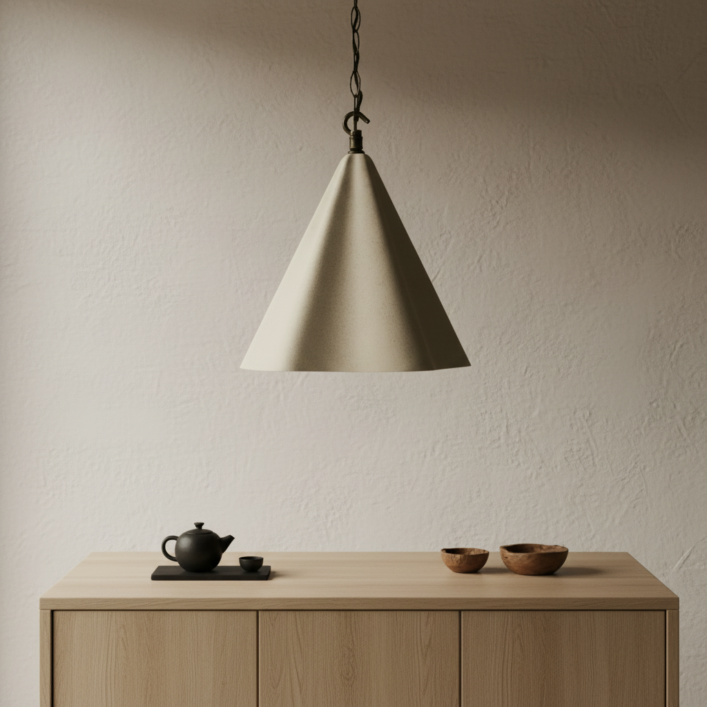 Beige pendant lamp hanging above a wooden cabinet with a teapot and bowls on a neutral background