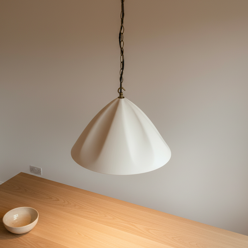 White pendant light hanging above a wooden table with a neutral wall background