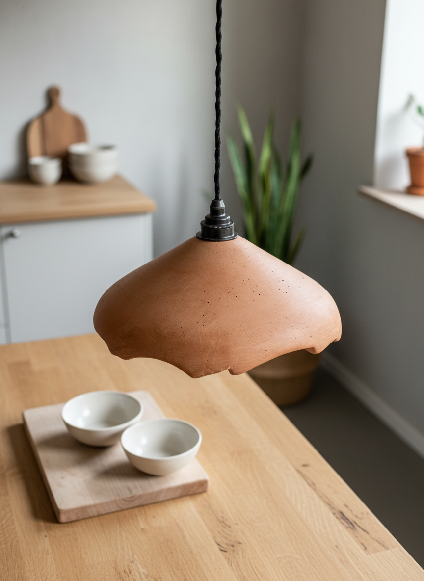 Hand-carved pendant light on a wooden table with a kitchen background
