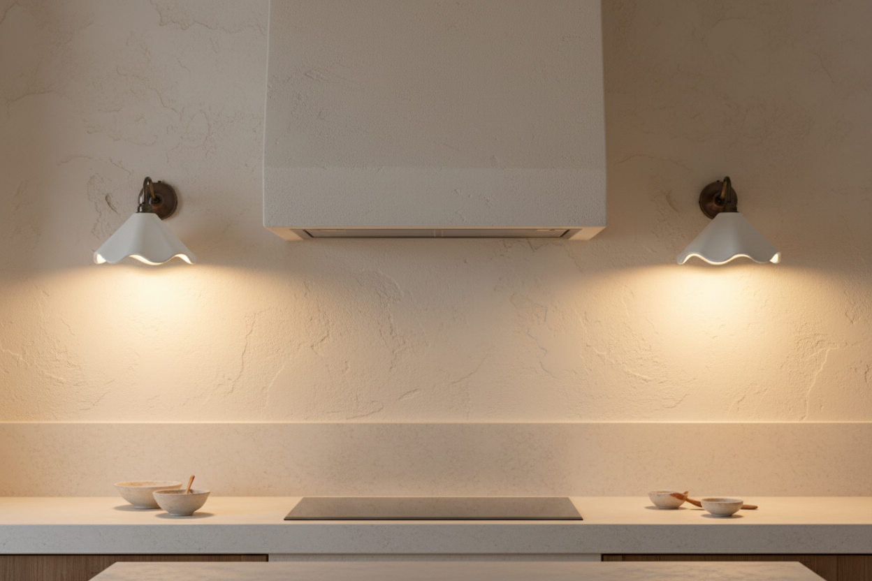 Modern kitchen with white cabinets, countertop, and wall lights.