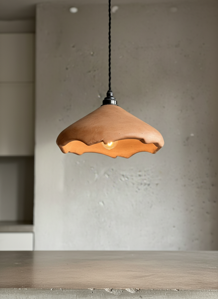 Plaster pendant light with wavy edge on a neutral background