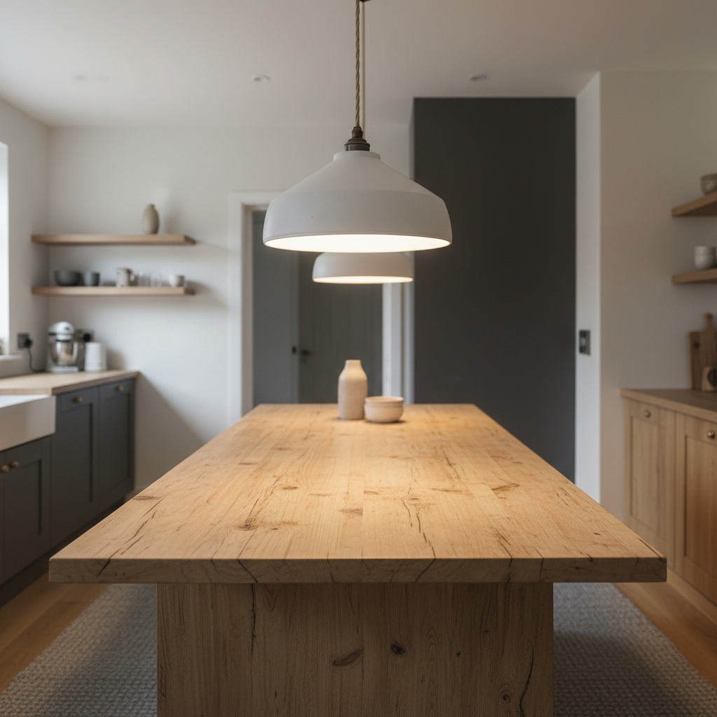 Wooden dining table in a modern kitchen with pendant lights.