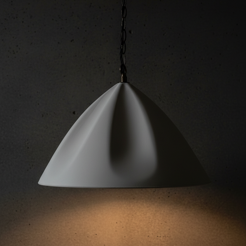 White pendant light hanging against a dark background
