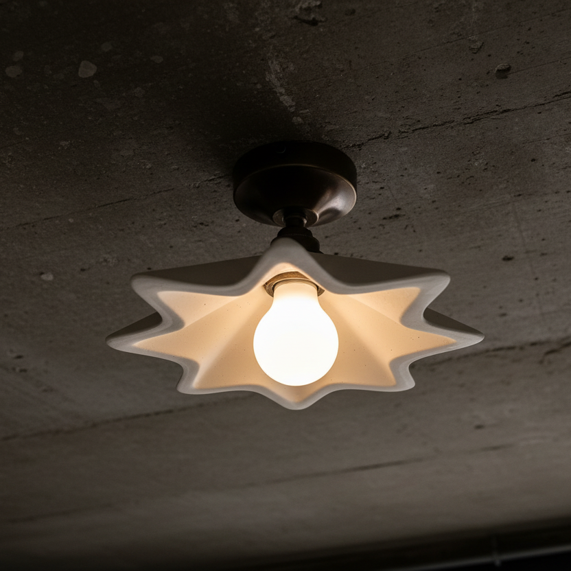 Ceiling light fixture with a star-shaped shade on a textured ceiling