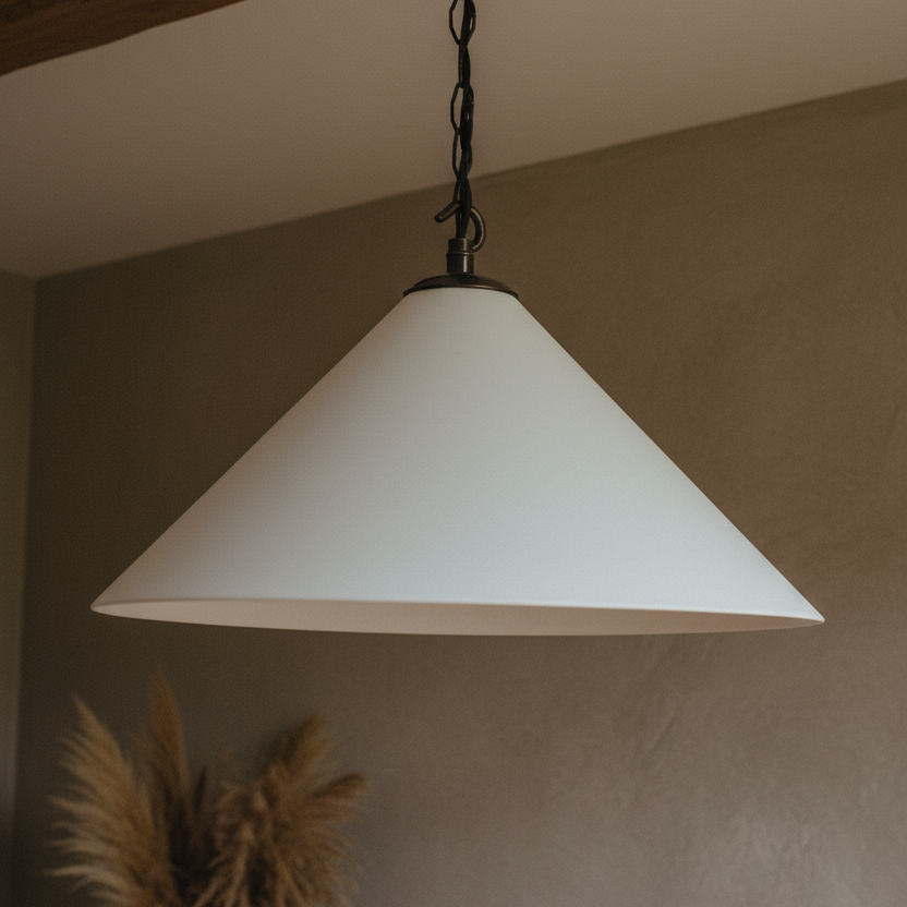 White pendant light hanging against a neutral wall with decorative plants.