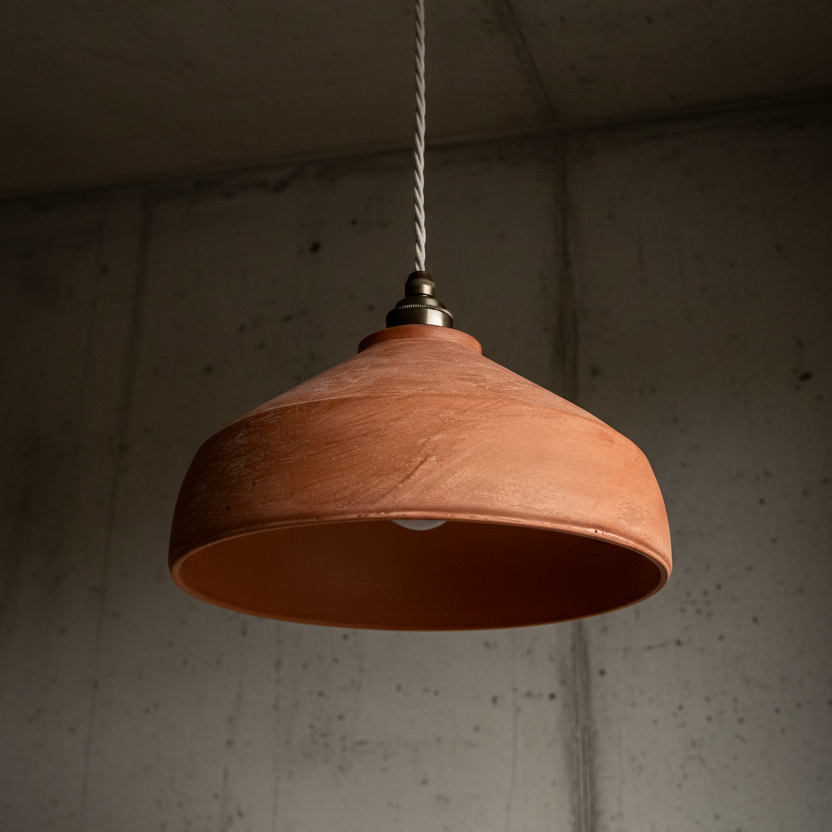 Terracotta pendant light hanging against a textured wall.