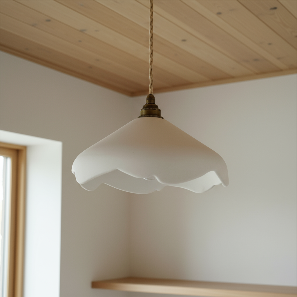 Handmade pendant light hanging from a wooden ceiling