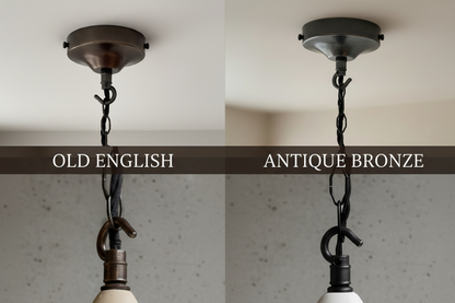 Two pendant lights labeled 'Old English' and 'Antique Bronze' against a neutral background.
