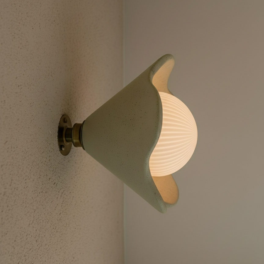 Wall-mounted light fixture with a decorative shade on a neutral wall.
