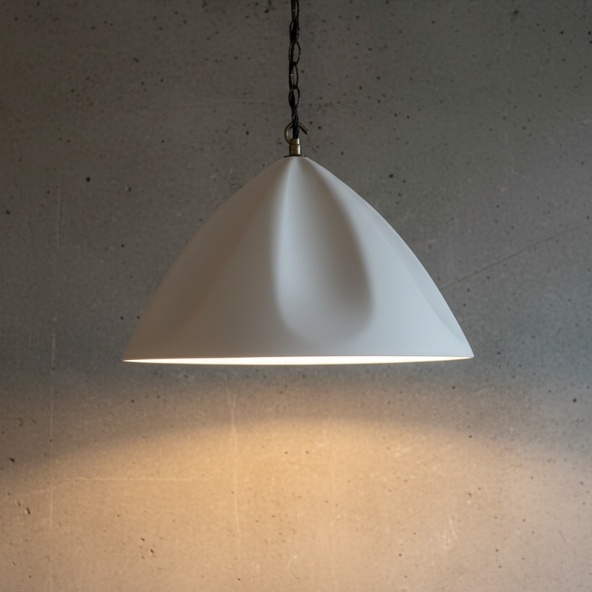 White pendant light hanging against a gray wall