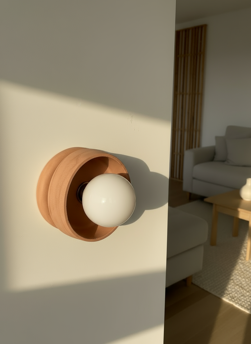 Terracotta wall light fixture with a white bulb in a room with a sofa and coffee table.