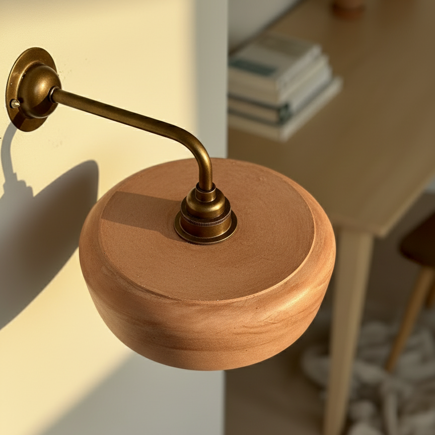 plaster sconce wall light fixture with brass arm on a white wall.