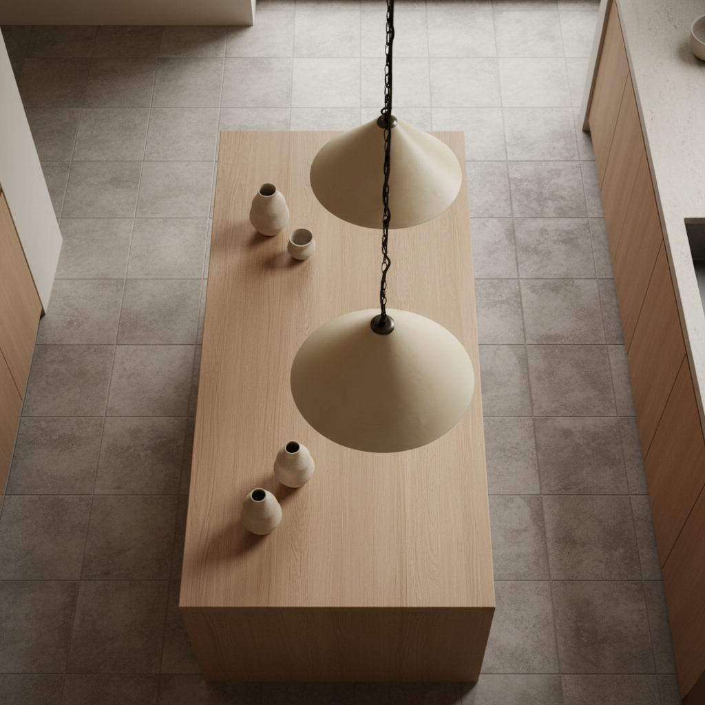 Sandstone pendant lamp hanging above a wooden table with decorative vases on a tiled floor.