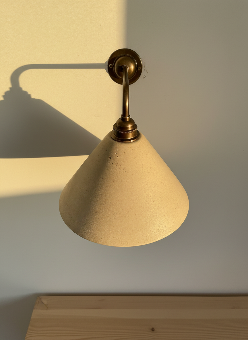 Beige wall lamp with brass fixture on a plain wall