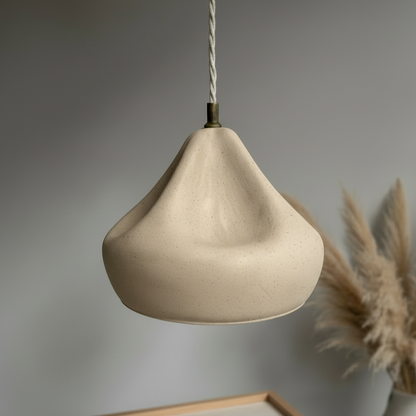 Beige pendant lamp hanging against a neutral background with dried plants.