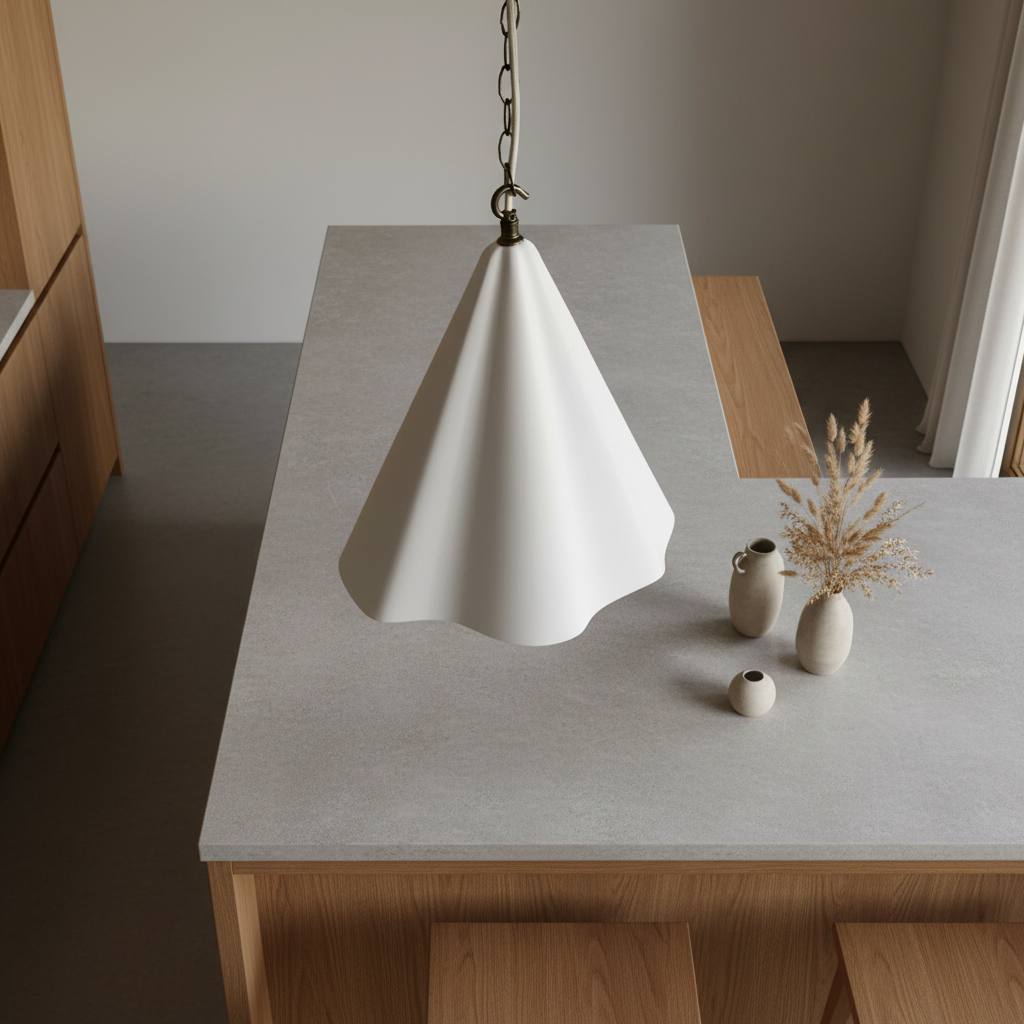 Modern white pendant lamp on a gray table with minimal decor