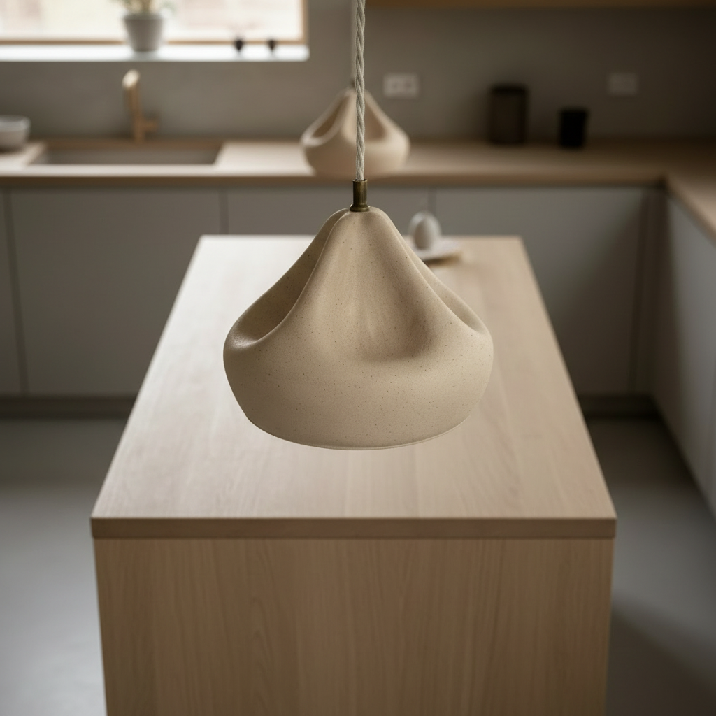 Beige pendant light on a wooden kitchen island with a blurred kitchen background