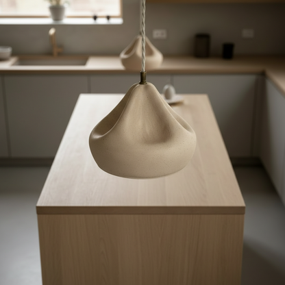 Beige pendant light on a wooden kitchen island with a blurred kitchen background