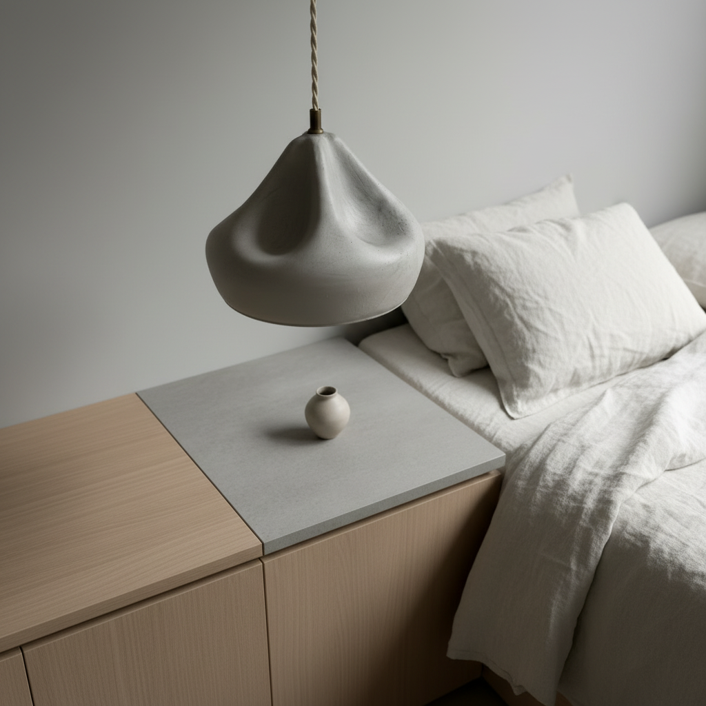 Neatly made bed with white bedding and pillows, nightstand with a small vase, and pendant light in a minimalistic bedroom setting.