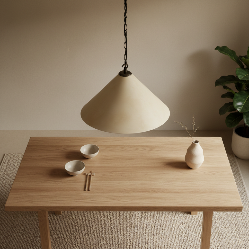 Minimalist interior with a wooden table, white bowls, and a vase under a beige pendant light.