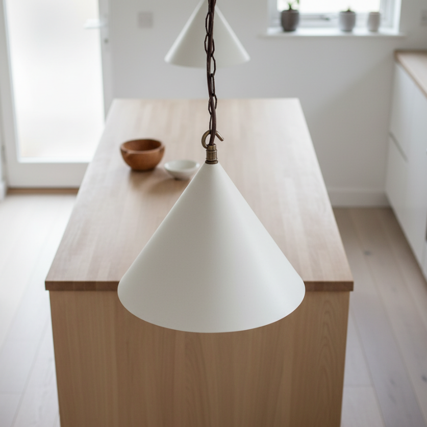 White cone-shaped pendant light hanging over a wooden kitchen island.