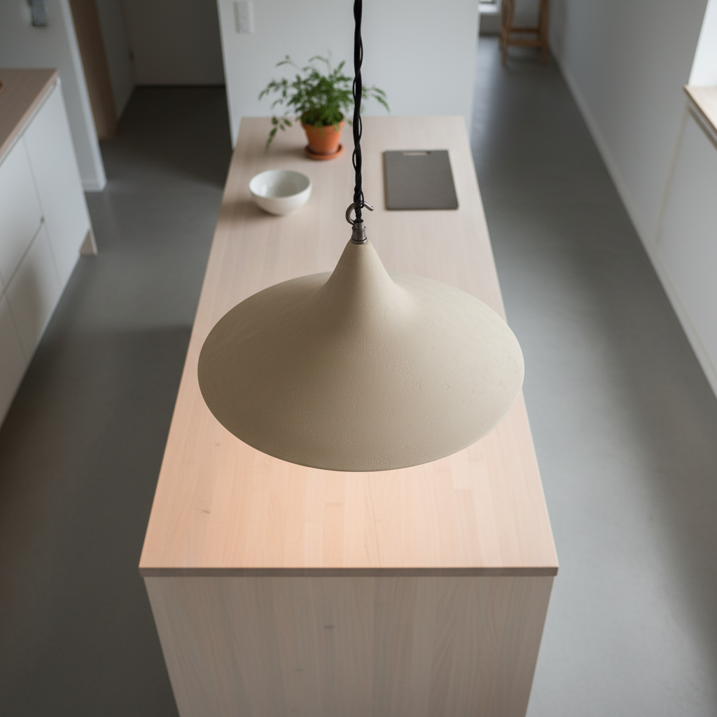 Beige pendant light on a wooden stand in a modern kitchen setting