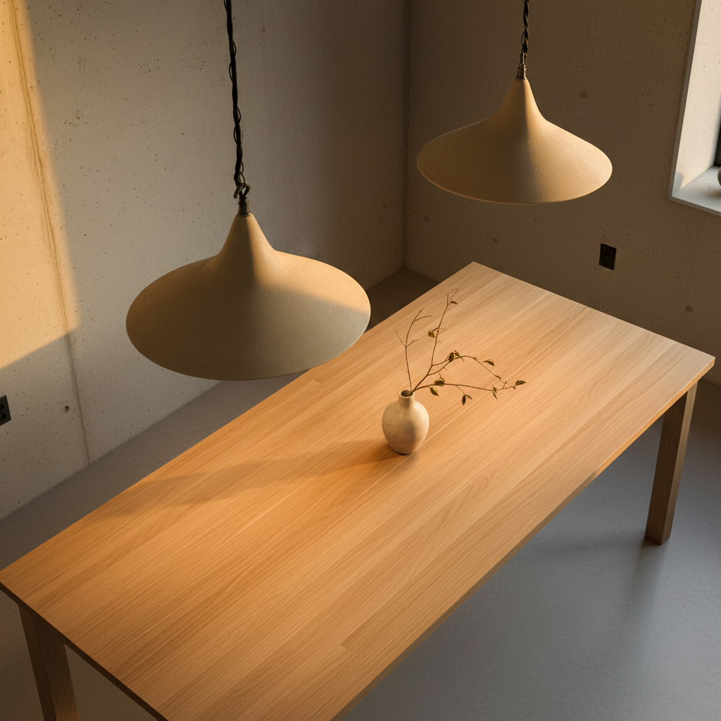 Wooden table with a vase and two hanging pendant lights in a minimalistic room.