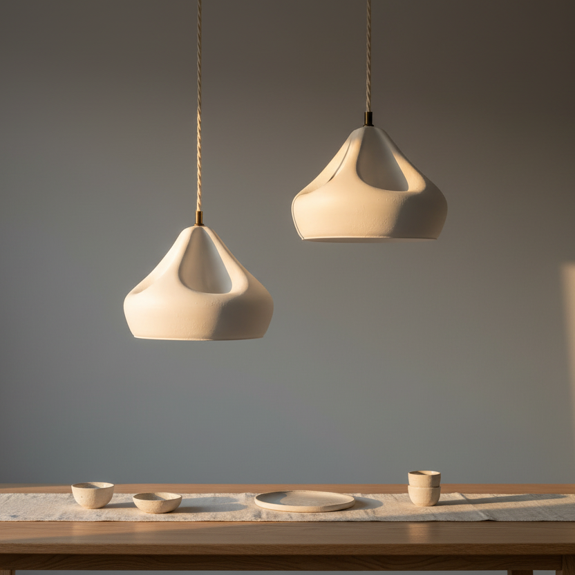 Two hanging plaster lamps on a wooden table with a gray background