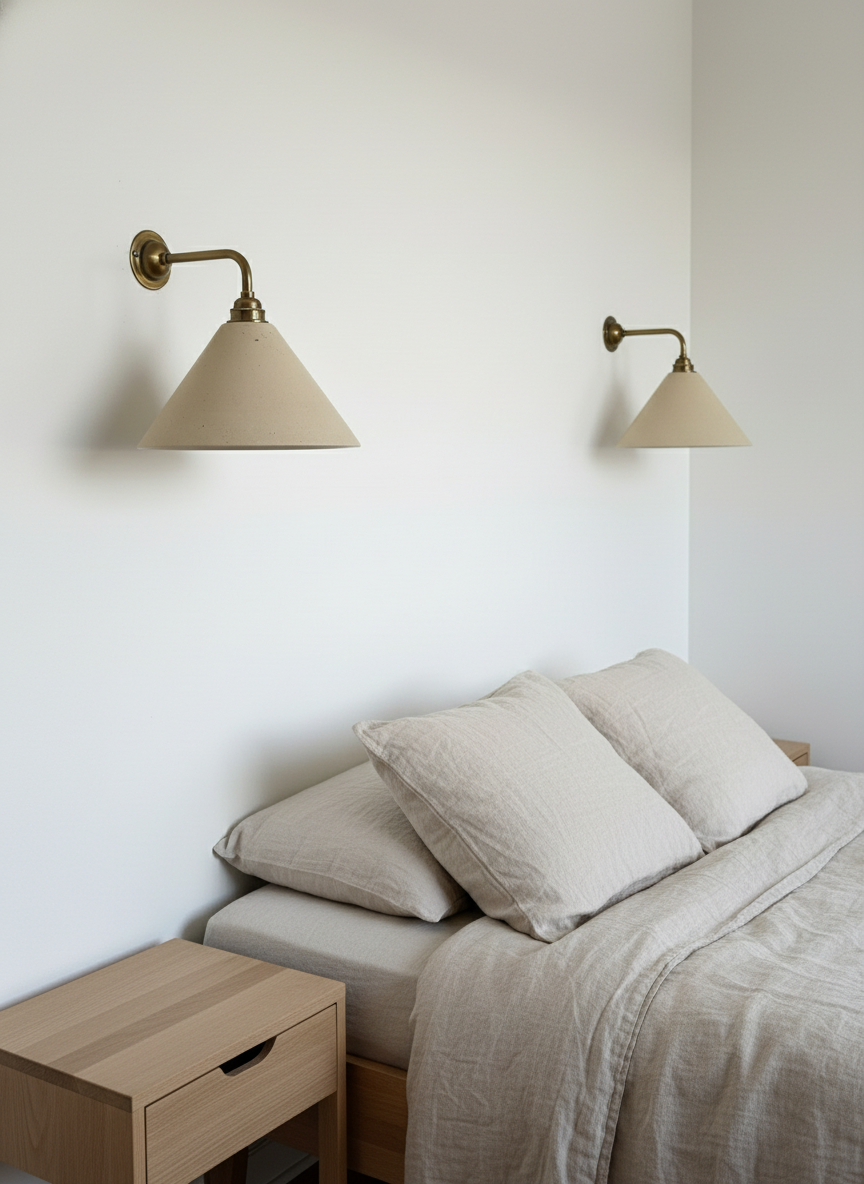 Neatly made bed with beige bedding and pillows, flanked by two wall-mounted lamps on a light-colored wall.