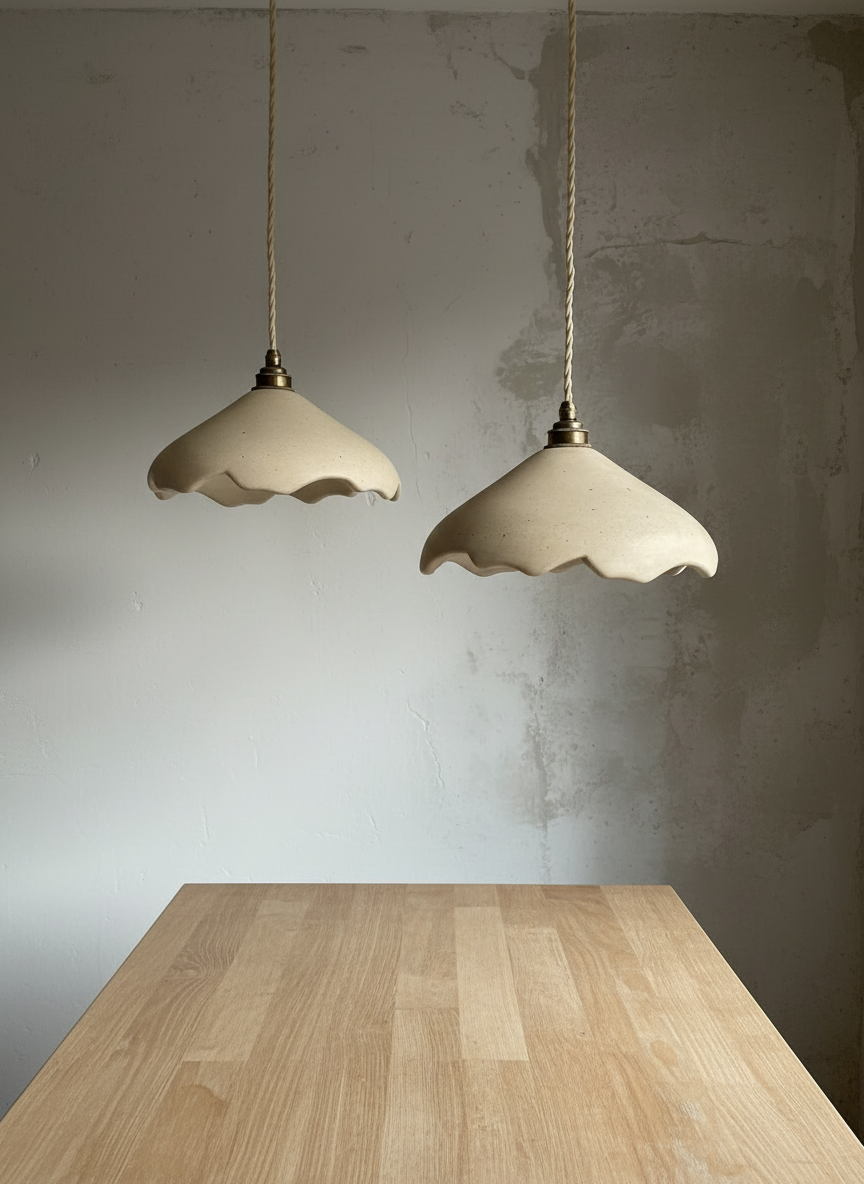 Two sculptural pendant lights hanging above a wooden table with a plain wall background