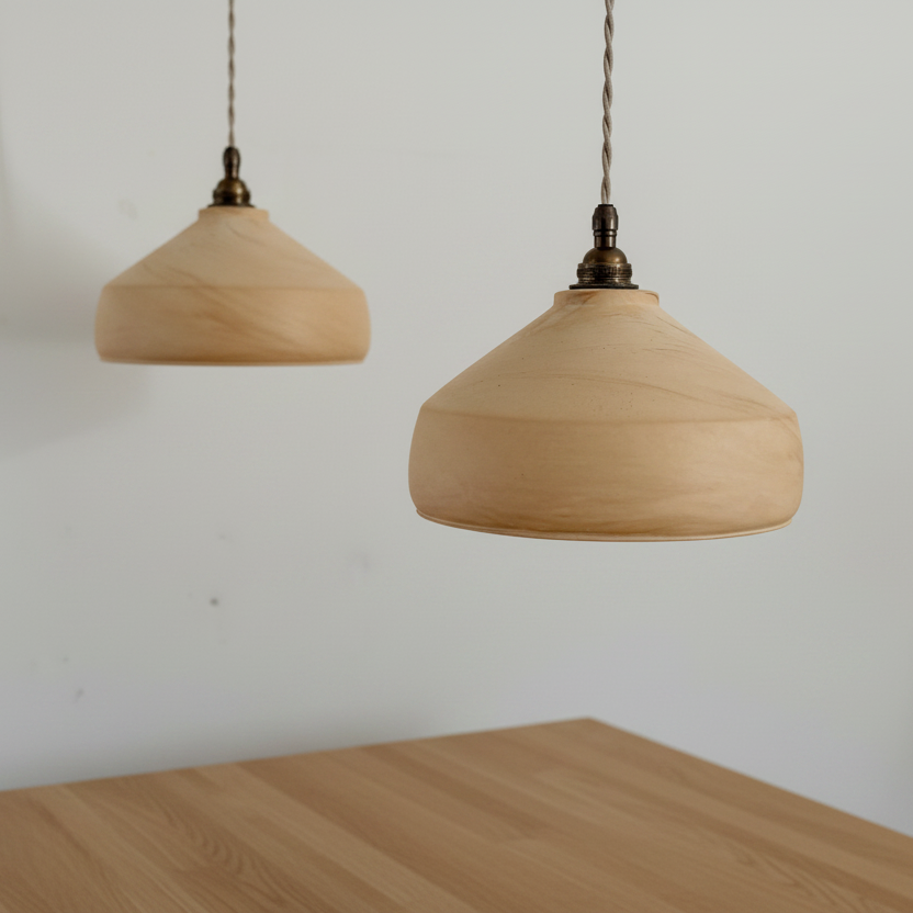 Two sandstone pendant lights hanging above a wooden table with a white wall background.