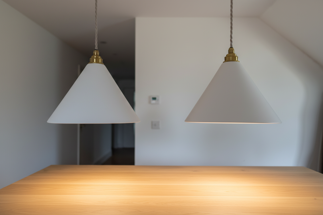 Two white pendant lights hanging above a wooden table in a minimalistic room.
