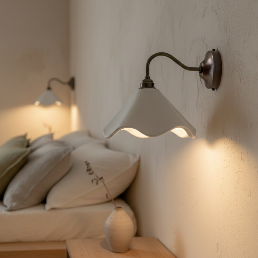 Wall-mounted lamp in a bedroom setting with soft lighting