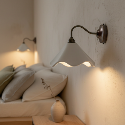 Wall-mounted lamp in a bedroom setting with soft lighting