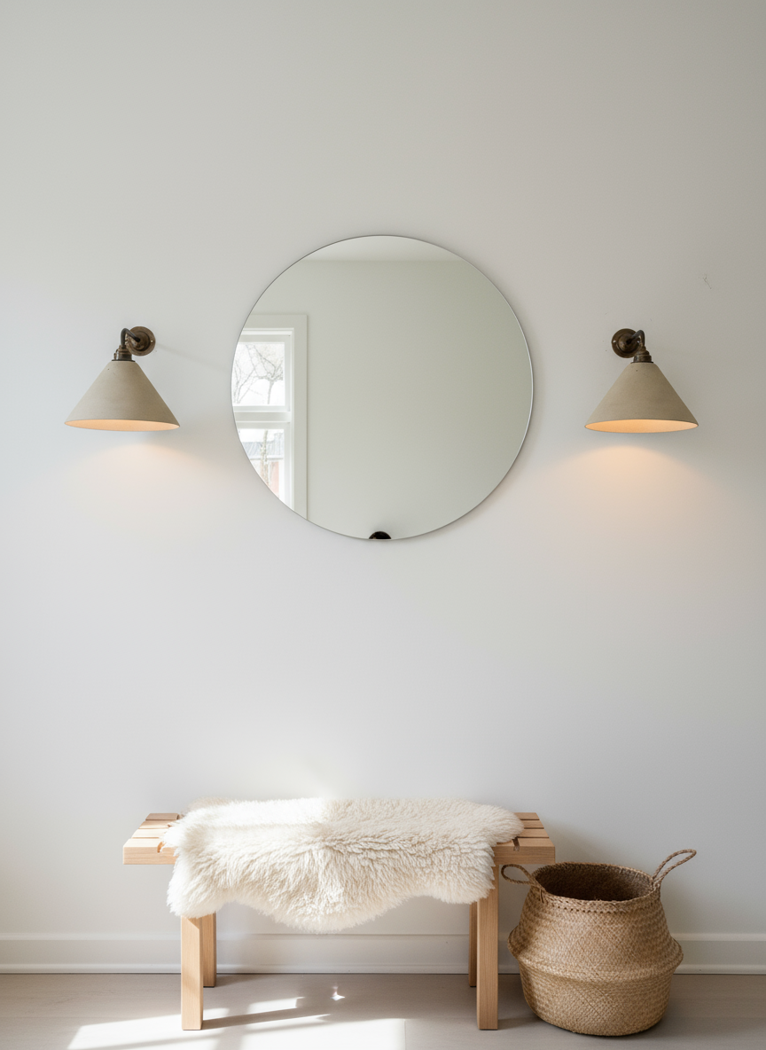 Round mirror on a white wall with two wall-mounted lights, a wooden bench with a fur throw, and a woven basket.