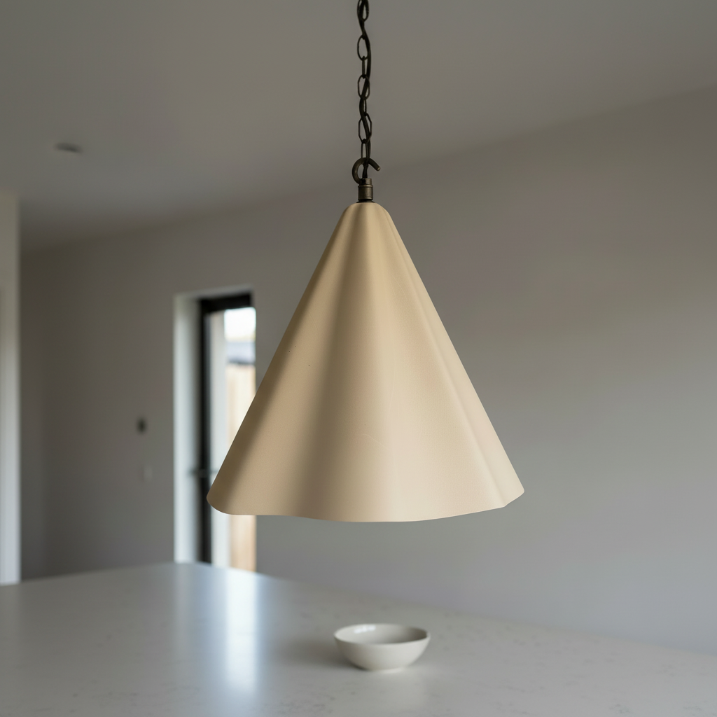 Beige cone-shaped pendant light hanging above a table with a neutral background