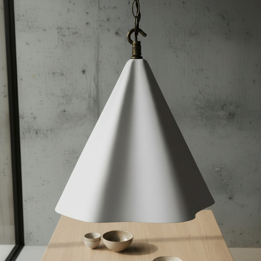 White cone-shaped pendant light hanging above a wooden table with ceramic bowls.