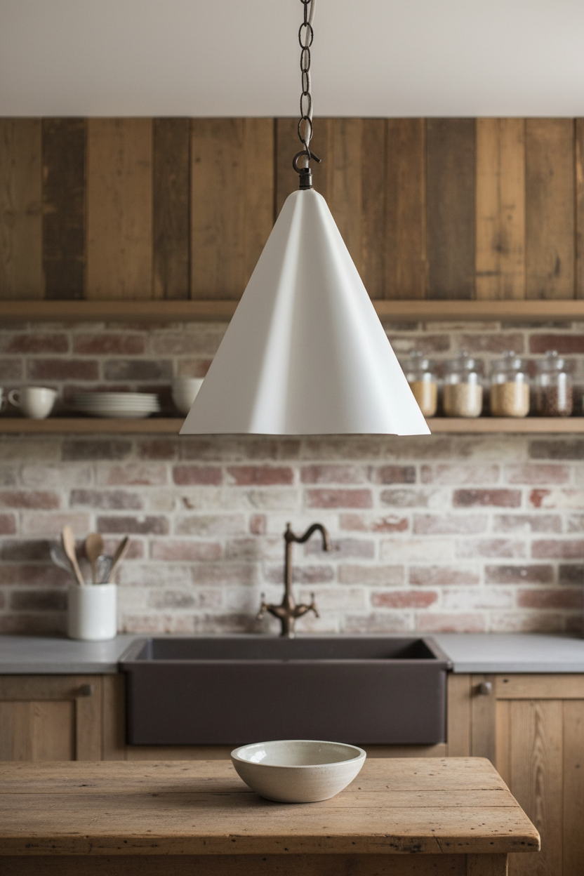 Kitchen interior with a white pendant light, brick wall, and wooden counter.