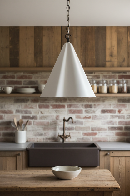 Kitchen interior with a white pendant light, brick wall, and wooden counter.
