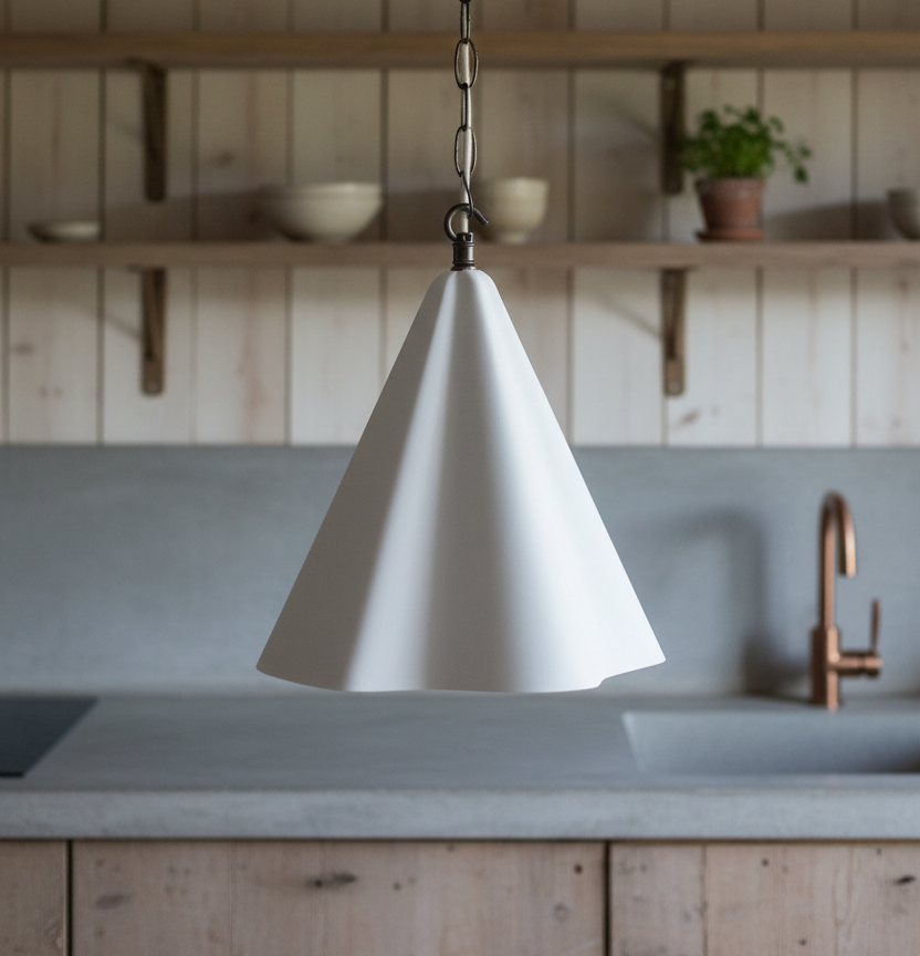 White pendant light hanging above a kitchen counter with wooden shelves and a sink in the background.