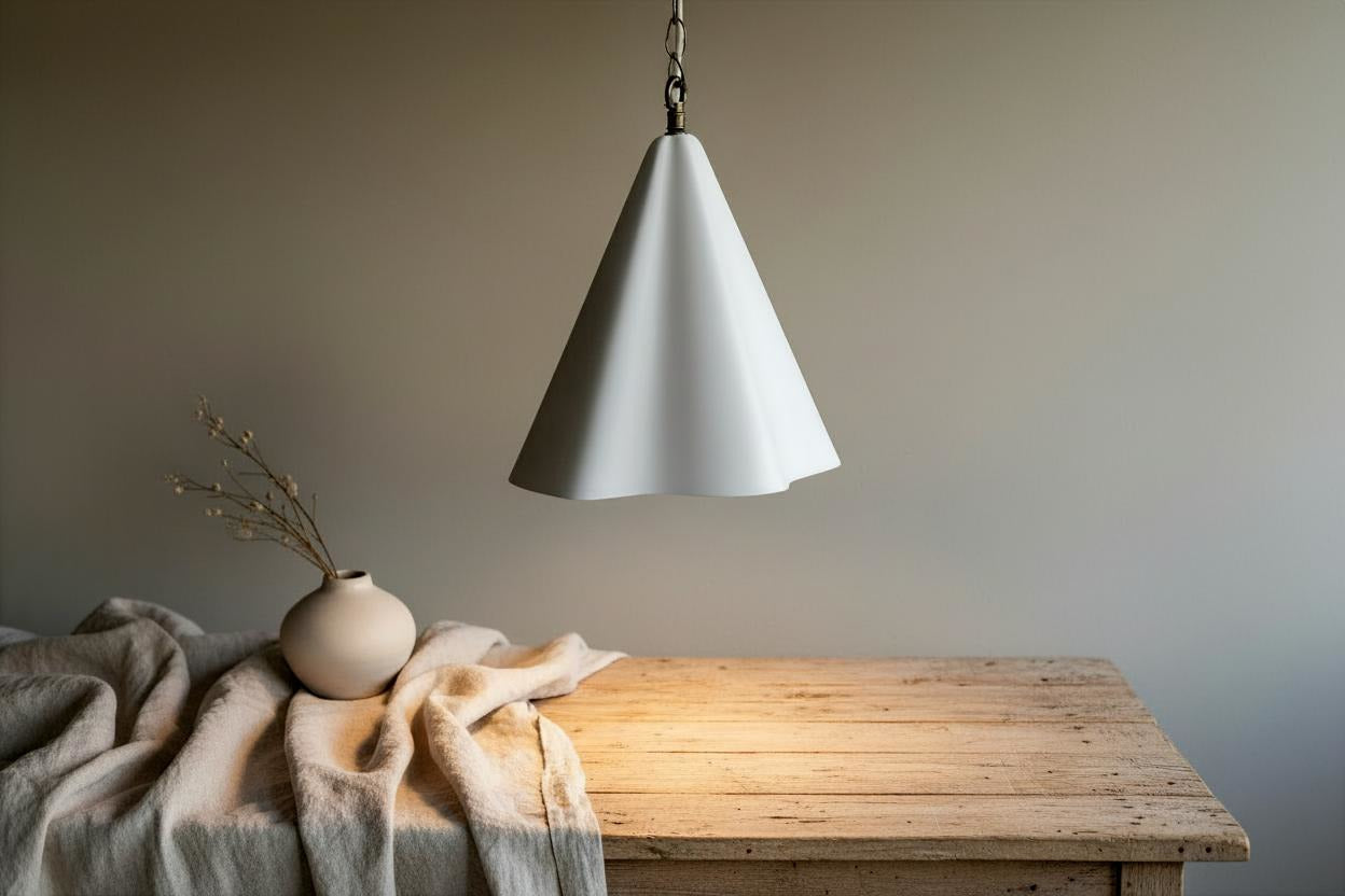 White pendant lamp hanging above a wooden table with a vase and fabric.
