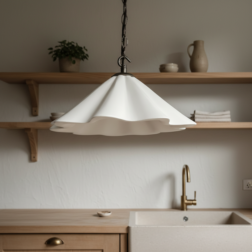 White pendant light hanging above a kitchen counter with wooden shelves and a sink in the background.