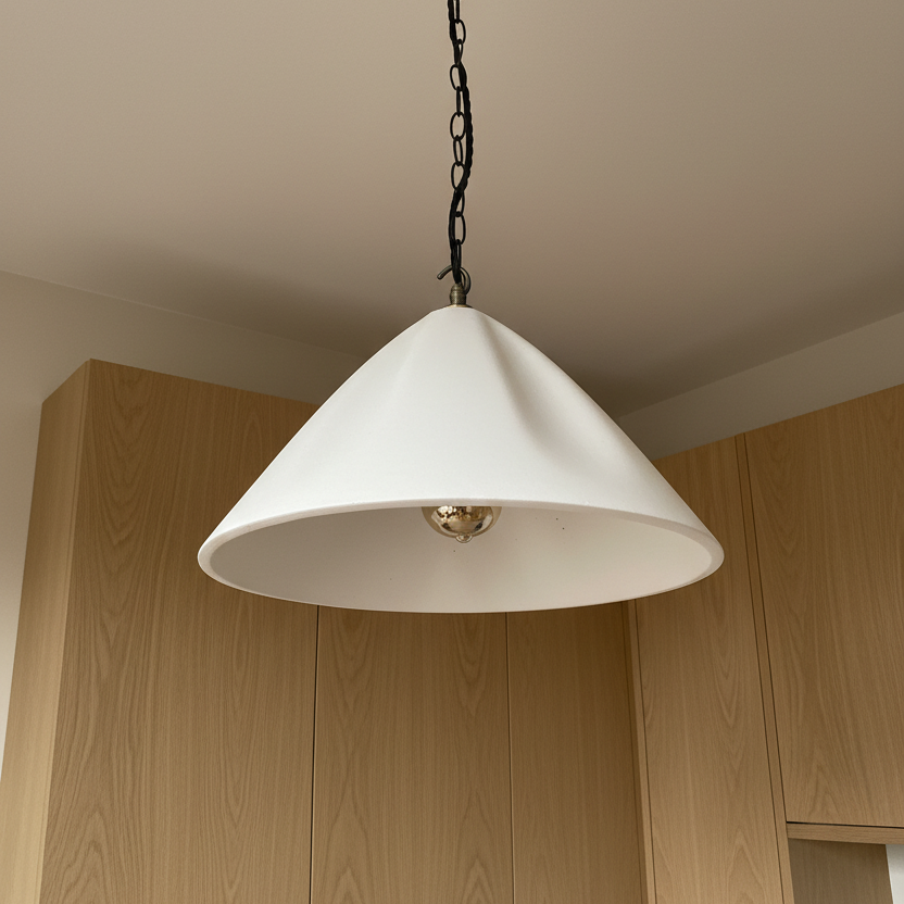White pendant light hanging above wooden kitchen cabinets.