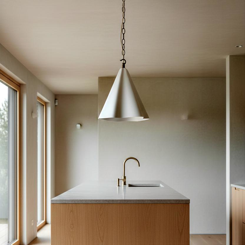 Modern kitchen with pendant light, sink, and wooden cabinets.