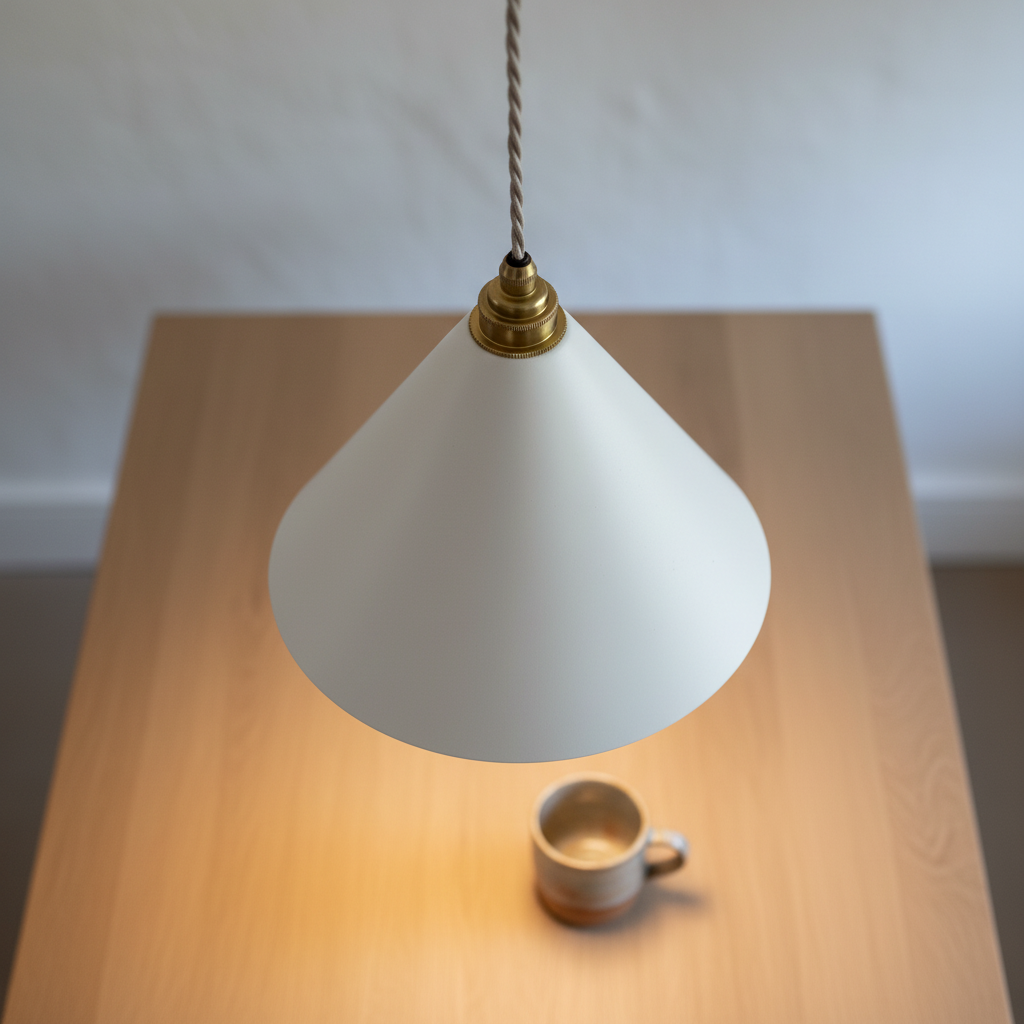 White pendant lamp on a wooden table with a cup underneath