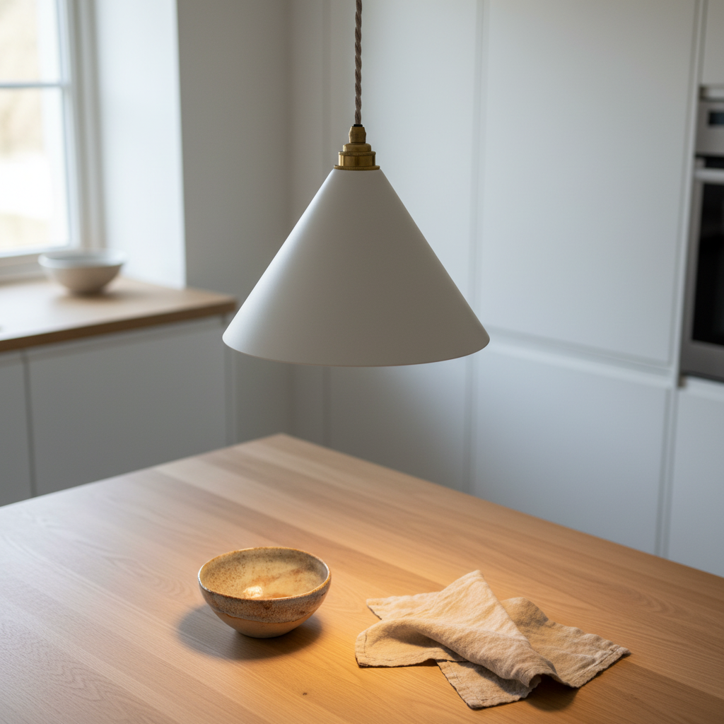 White pendant lamp hanging over a wooden table with a bowl and cloth in a kitchen.