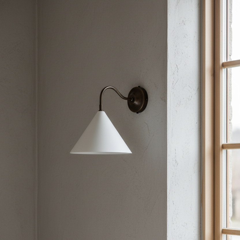 Wall-mounted lamp with white shade and black fixture on a gray wall.